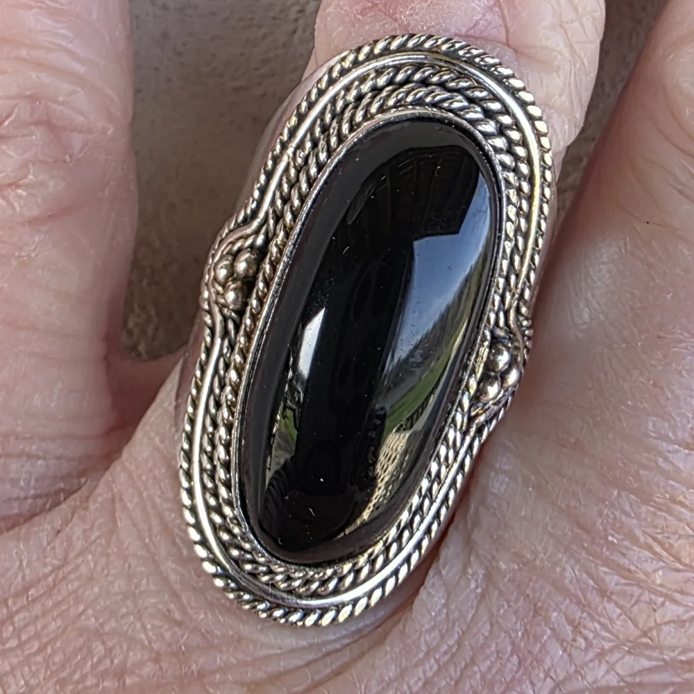 Long Black Onyx Boho Ring in 925 Sterling Silver (snug 9)